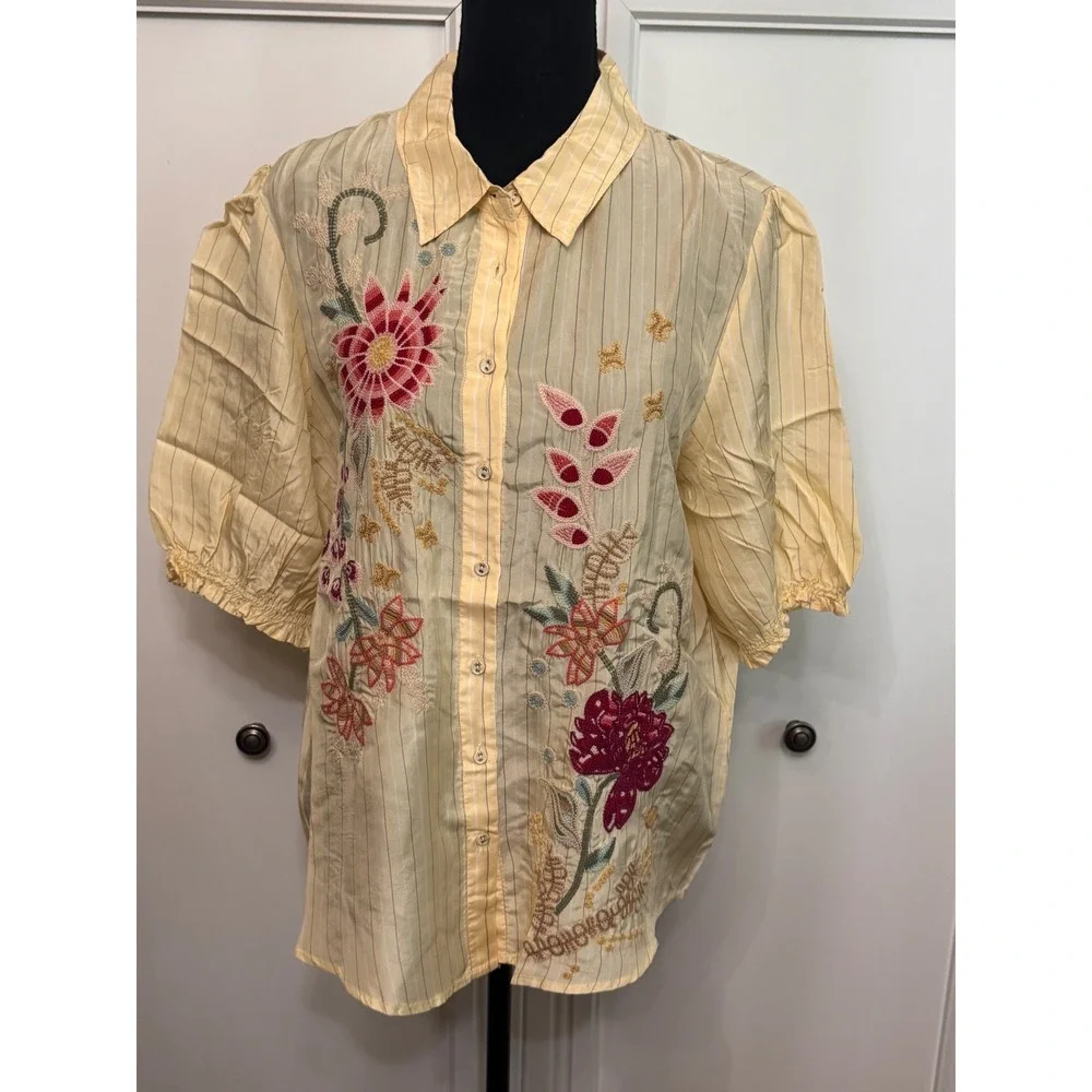 Johnny Was Yellow Smocked Lisbon Shirt Sarai Silk Embroidered Blouse W11425-4 L